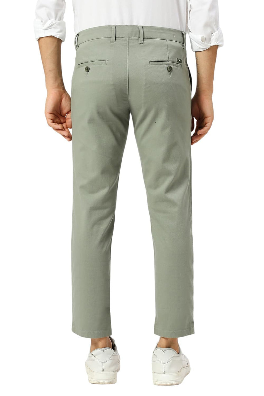 BASICS TAPERED FIT SEA MID GREEN COTTON STRETCH DOBBY TROUSERS