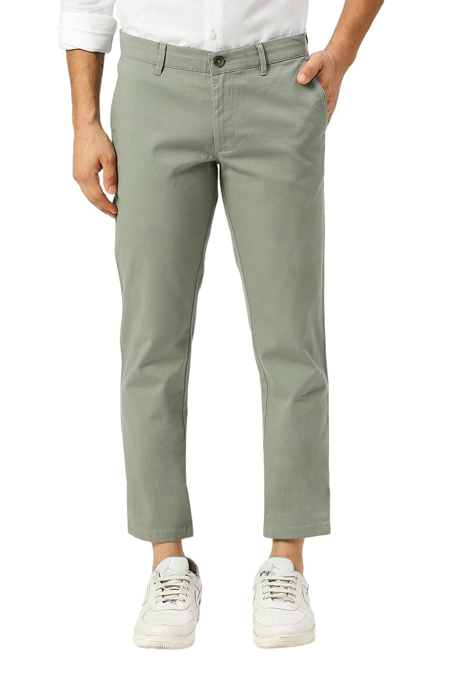 BASICS TAPERED FIT SEA MID GREEN COTTON STRETCH DOBBY TROUSERS