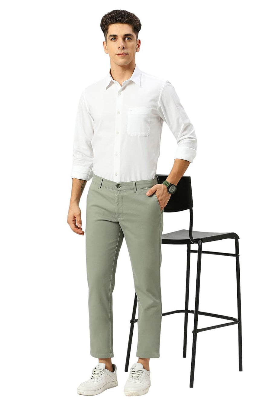 BASICS TAPERED FIT SEA MID GREEN COTTON STRETCH DOBBY TROUSERS
