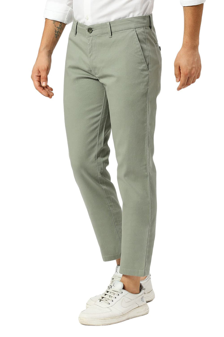 BASICS TAPERED FIT SEA MID GREEN COTTON STRETCH DOBBY TROUSERS
