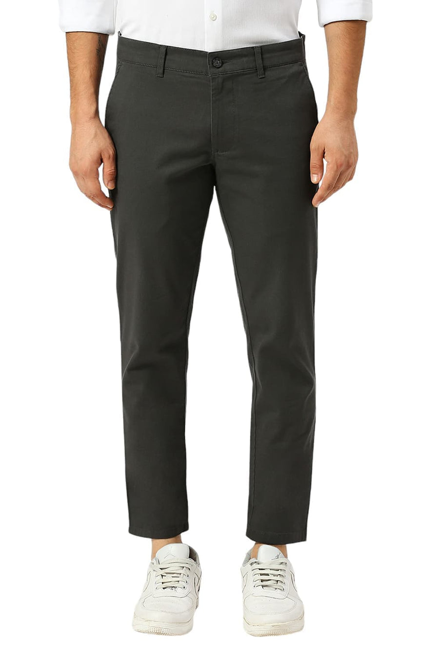 BASICS TAPERED FIT JET DARK GREY COTTON STRETCH DOBBY TROUSERS