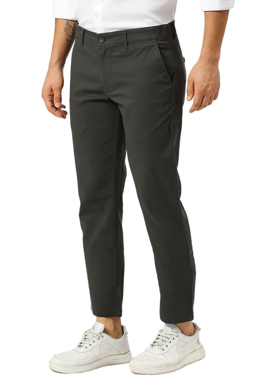 BASICS TAPERED FIT JET DARK GREY COTTON STRETCH DOBBY TROUSERS