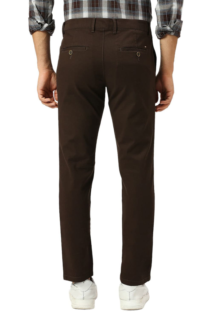 BASICS TAPERED FIT TURKISH DARK BROWN COTTON STRETCH DOBBY TROUSERS