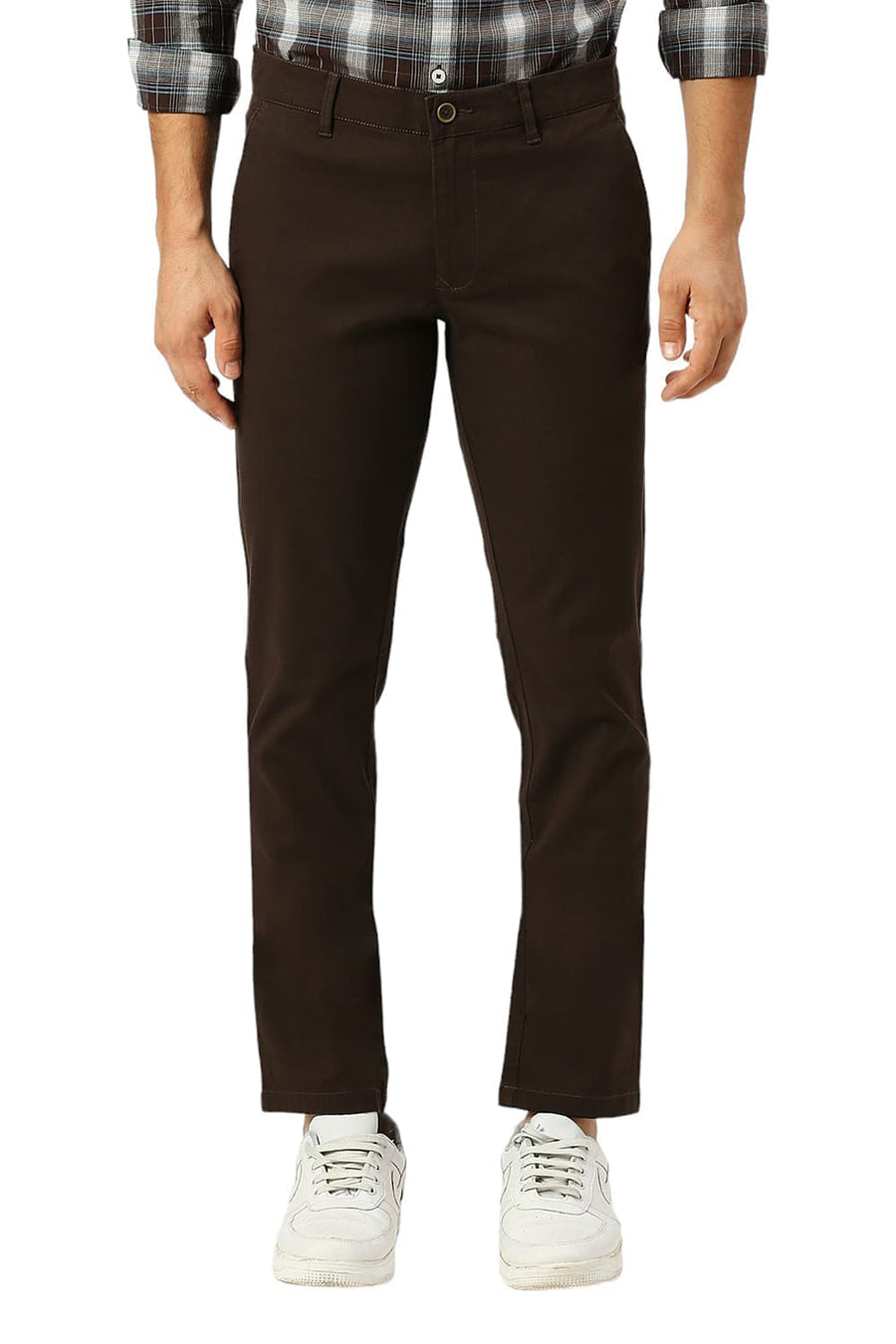 BASICS TAPERED FIT TURKISH DARK BROWN COTTON STRETCH DOBBY TROUSERS