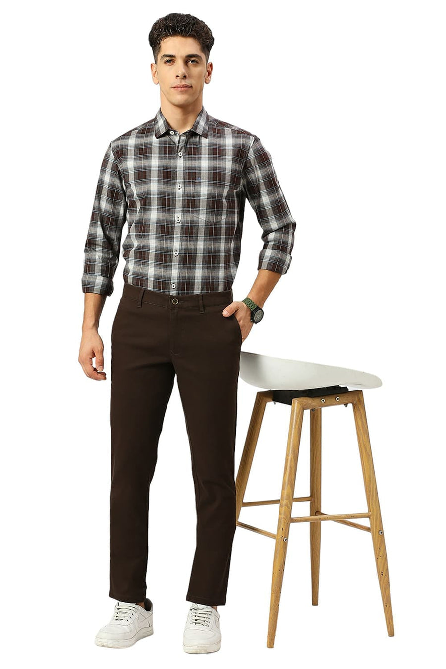 BASICS TAPERED FIT TURKISH DARK BROWN COTTON STRETCH DOBBY TROUSERS