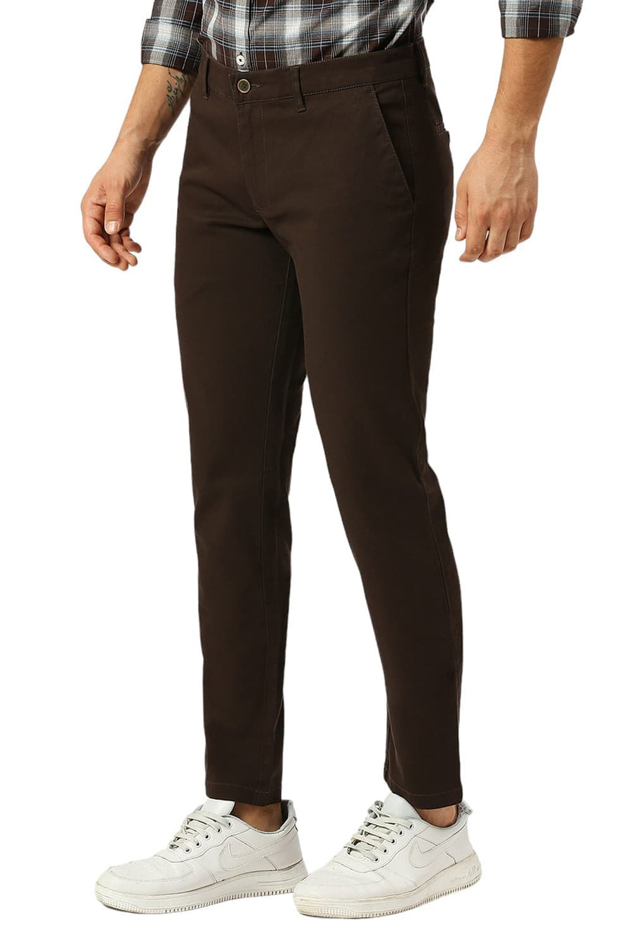 BASICS TAPERED FIT TURKISH DARK BROWN COTTON STRETCH DOBBY TROUSERS