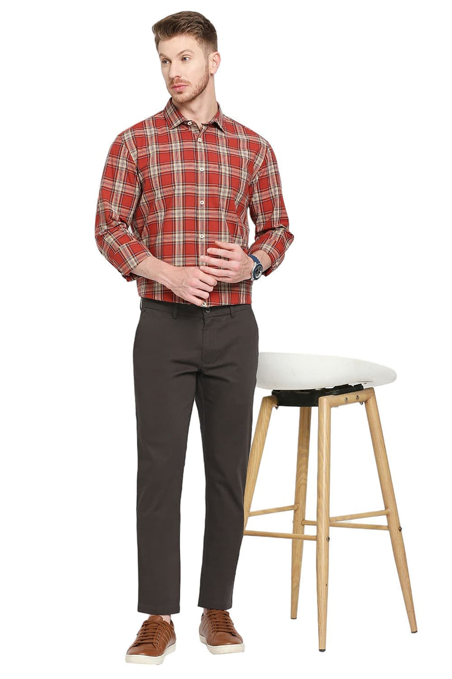 BASICS DRIFT FIT TURKISH COFFEE BROWN COTTON STRETCH DOBBY TROUSERS