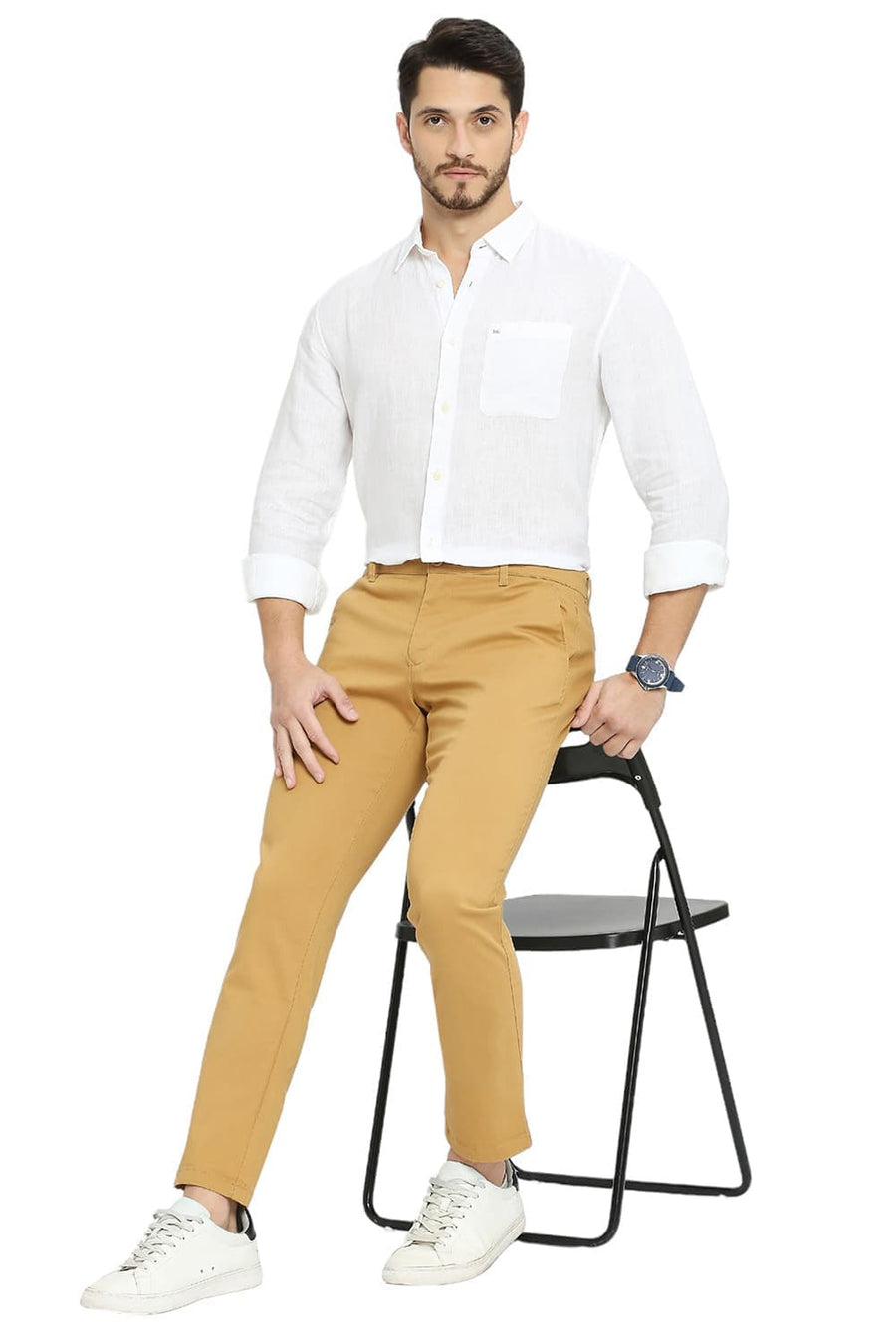 BASICS DRIFT FIT BONE BROWN COTTON STRETCH DOBBY TROUSERS