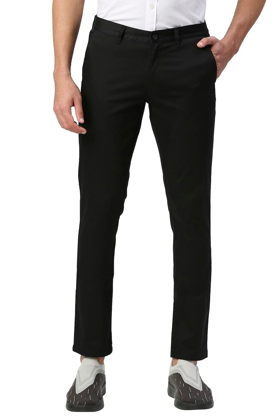 BASICS TAPERED FIT PHANTOM BLACK COTTON STRETCH TROUSERS