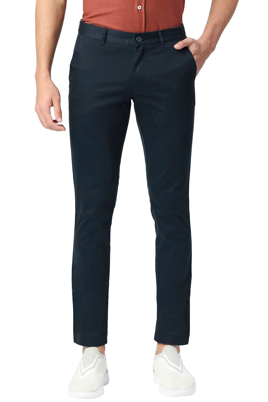 BASICS TAPERED FIT ANTHRACITE NAVY COTTON STRETCH TROUSERS