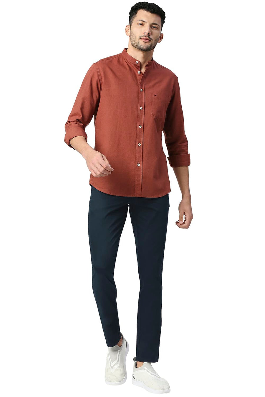 BASICS TAPERED FIT ANTHRACITE NAVY COTTON STRETCH TROUSERS