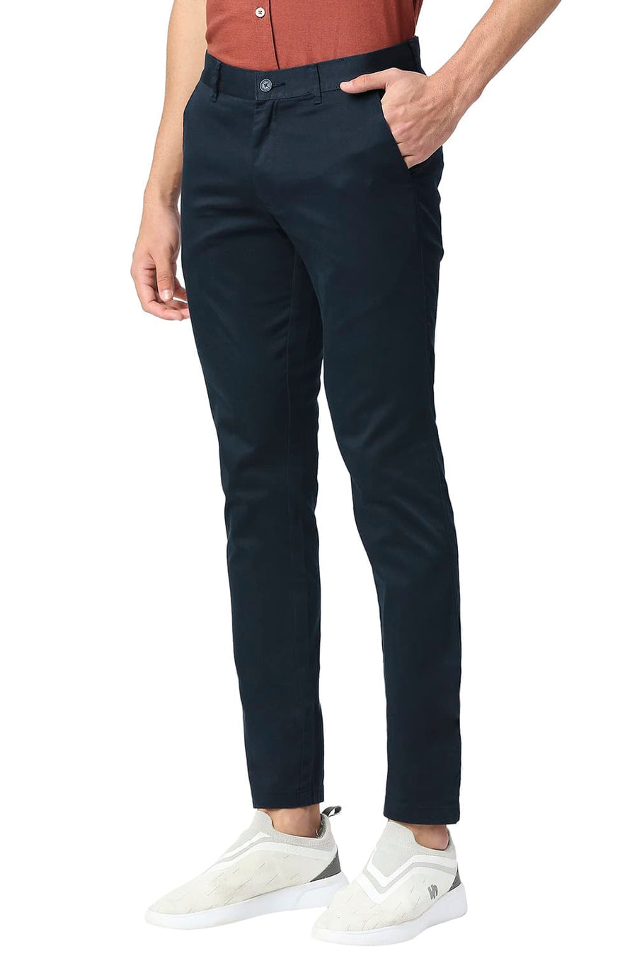 BASICS TAPERED FIT ANTHRACITE NAVY COTTON STRETCH TROUSERS