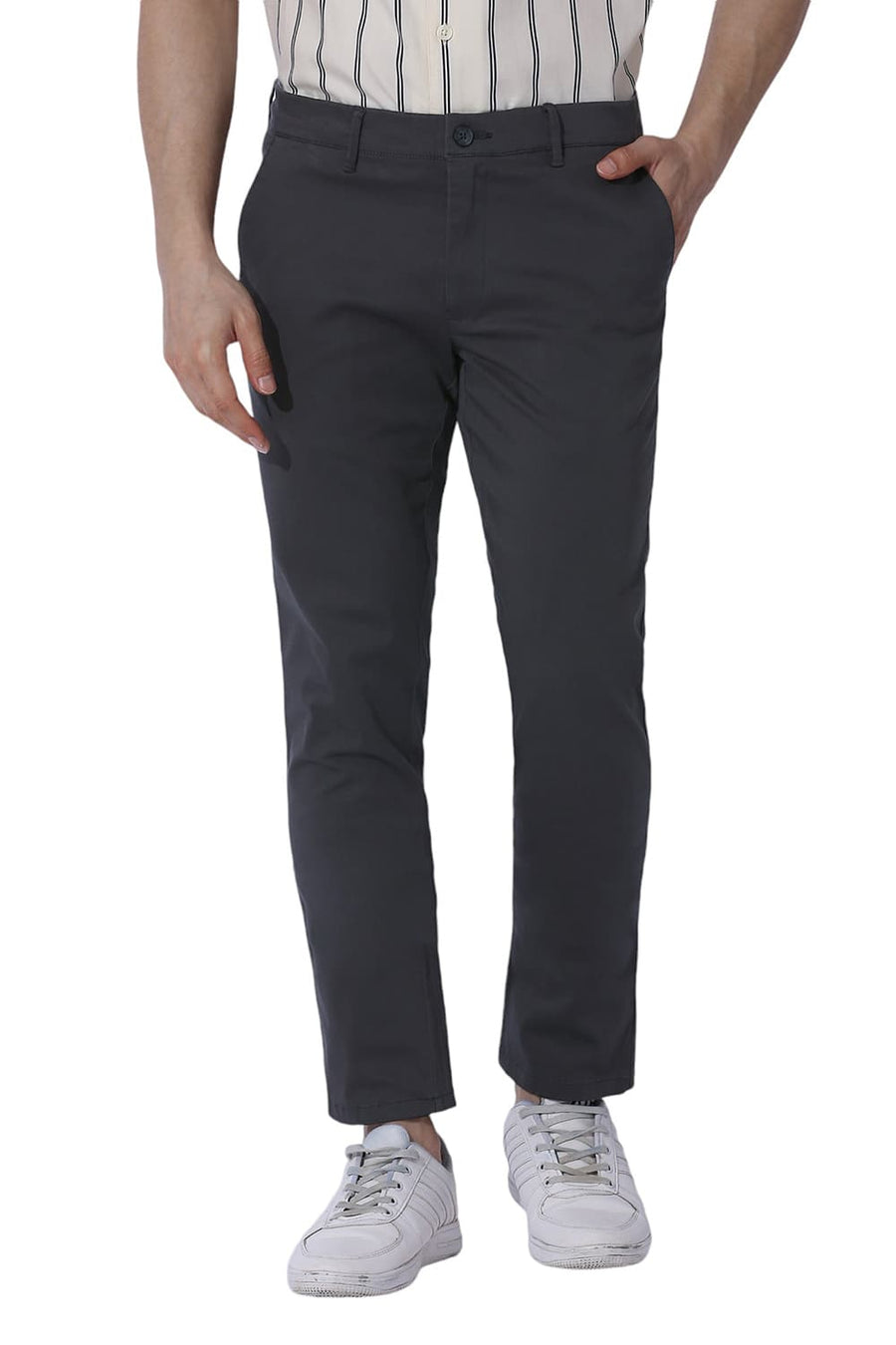 BASICS TAPERED FIT EBONY GREY COTTON STRETCH TROUSERS