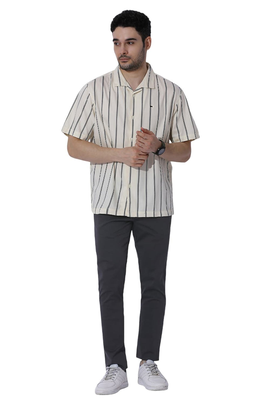 BASICS TAPERED FIT EBONY GREY COTTON STRETCH TROUSERS