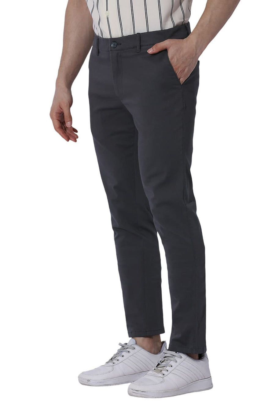 BASICS TAPERED FIT EBONY GREY COTTON STRETCH TROUSERS