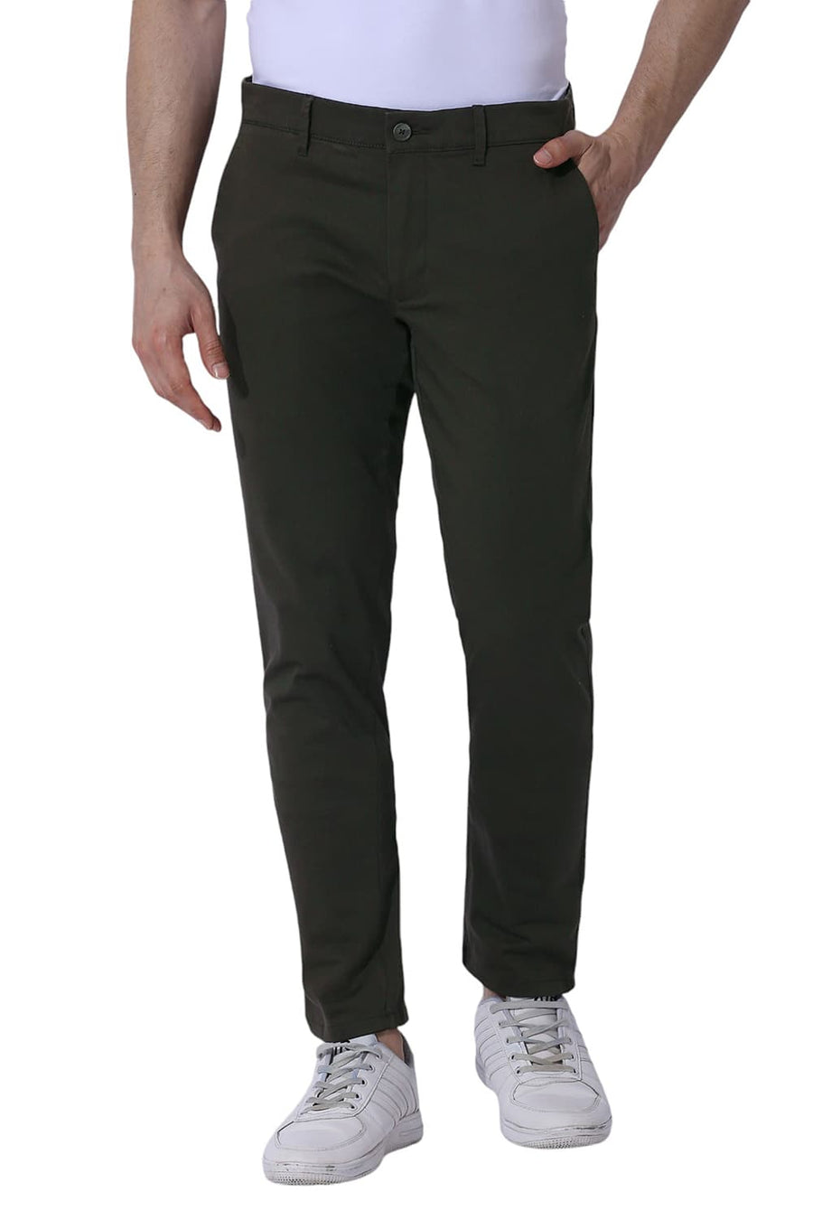 BASICS TAPERED FIT FOREST GREEN COTTON STRETCH TROUSERS