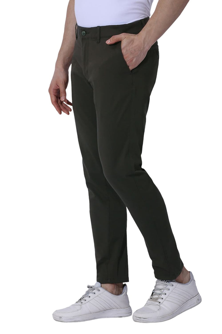 BASICS TAPERED FIT FOREST GREEN COTTON STRETCH TROUSERS