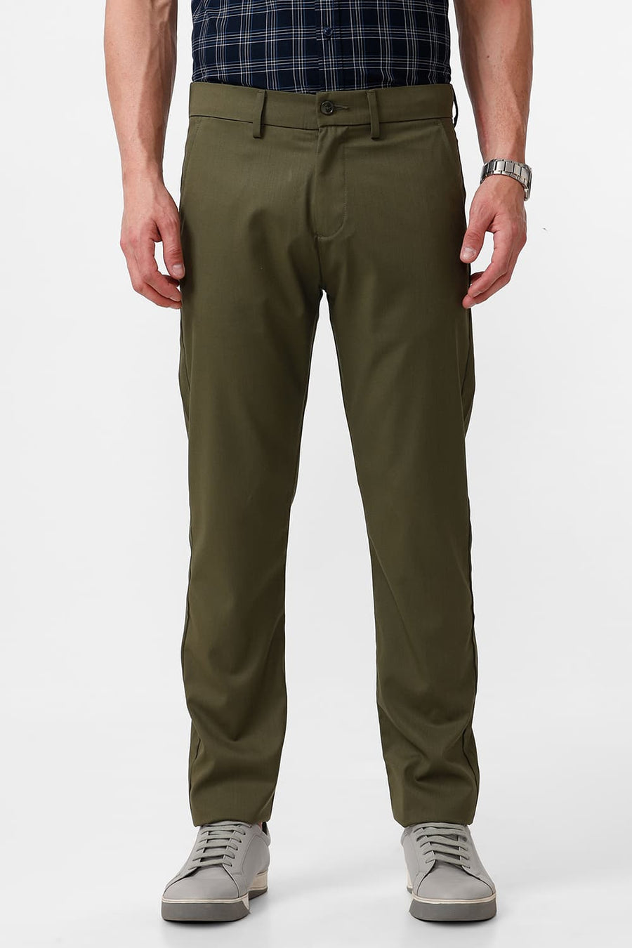 BASICS DRIFT FIT BEETELE OLIVE CATIONIC POLYESTER VISCOSE TWILL TROUSERS