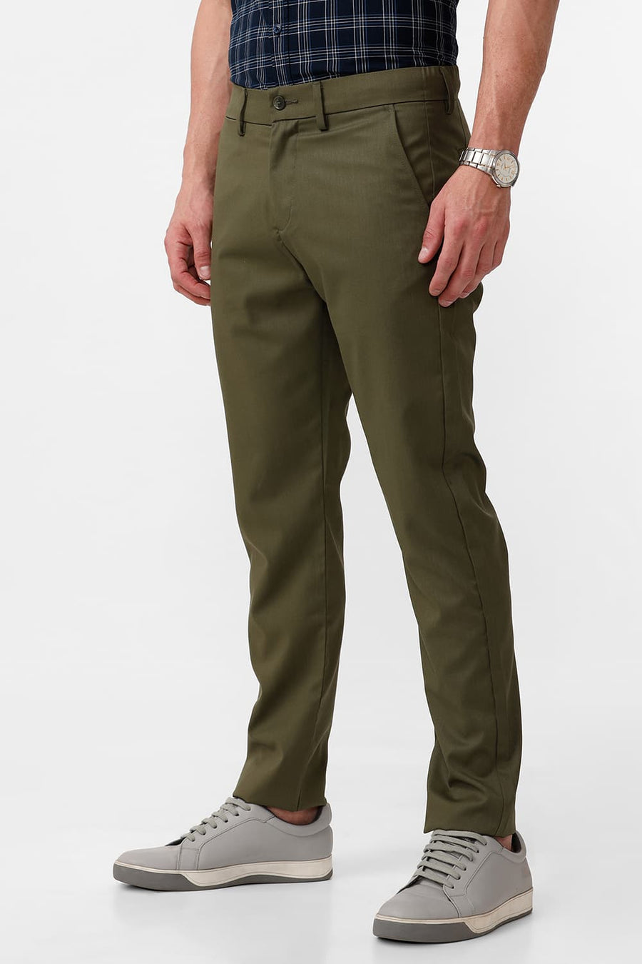 BASICS DRIFT FIT BEETELE OLIVE CATIONIC POLYESTER VISCOSE TWILL TROUSERS