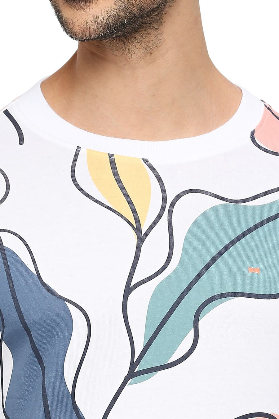 BASICS MUSCLE FIT BRIGHT WHITE COTTON PRINTED CREW T-SHIRTS
