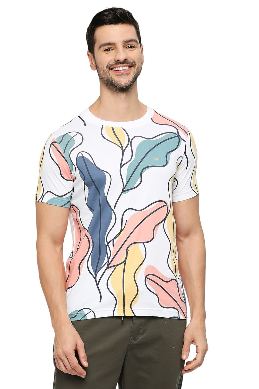 BASICS MUSCLE FIT BRIGHT WHITE COTTON PRINTED CREW T-SHIRTS