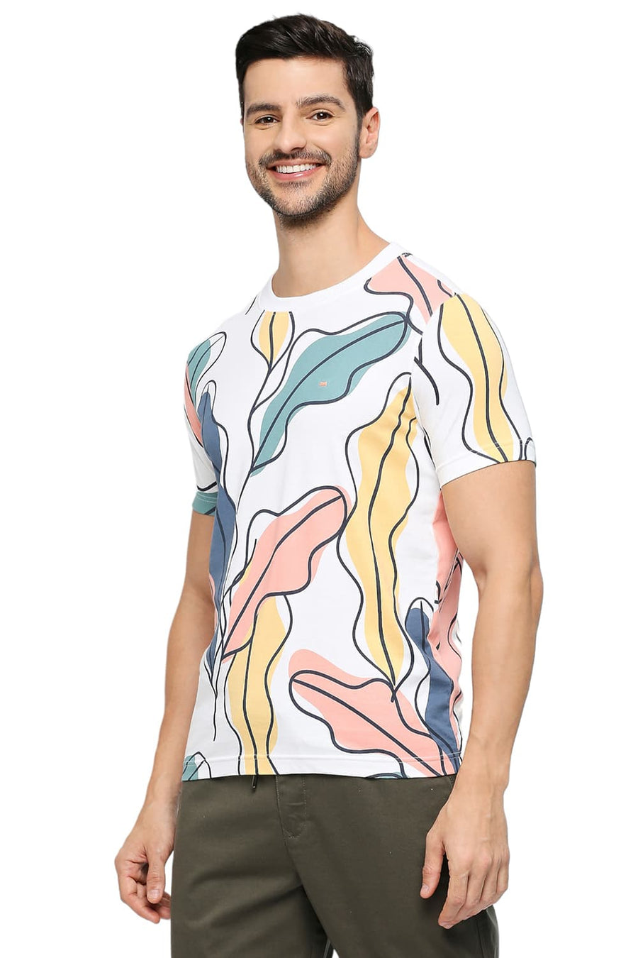 BASICS MUSCLE FIT BRIGHT WHITE COTTON PRINTED CREW T-SHIRTS