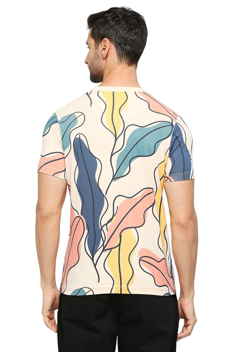 BASICS MUSCLE FIT VANILLA CREAM COTTON PRINTED CREW T-SHIRTS