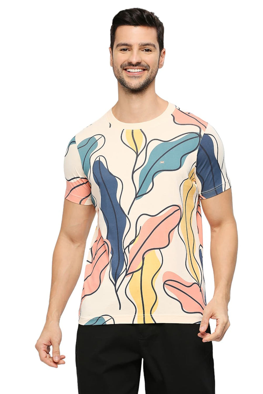 BASICS MUSCLE FIT VANILLA CREAM COTTON PRINTED CREW T-SHIRTS