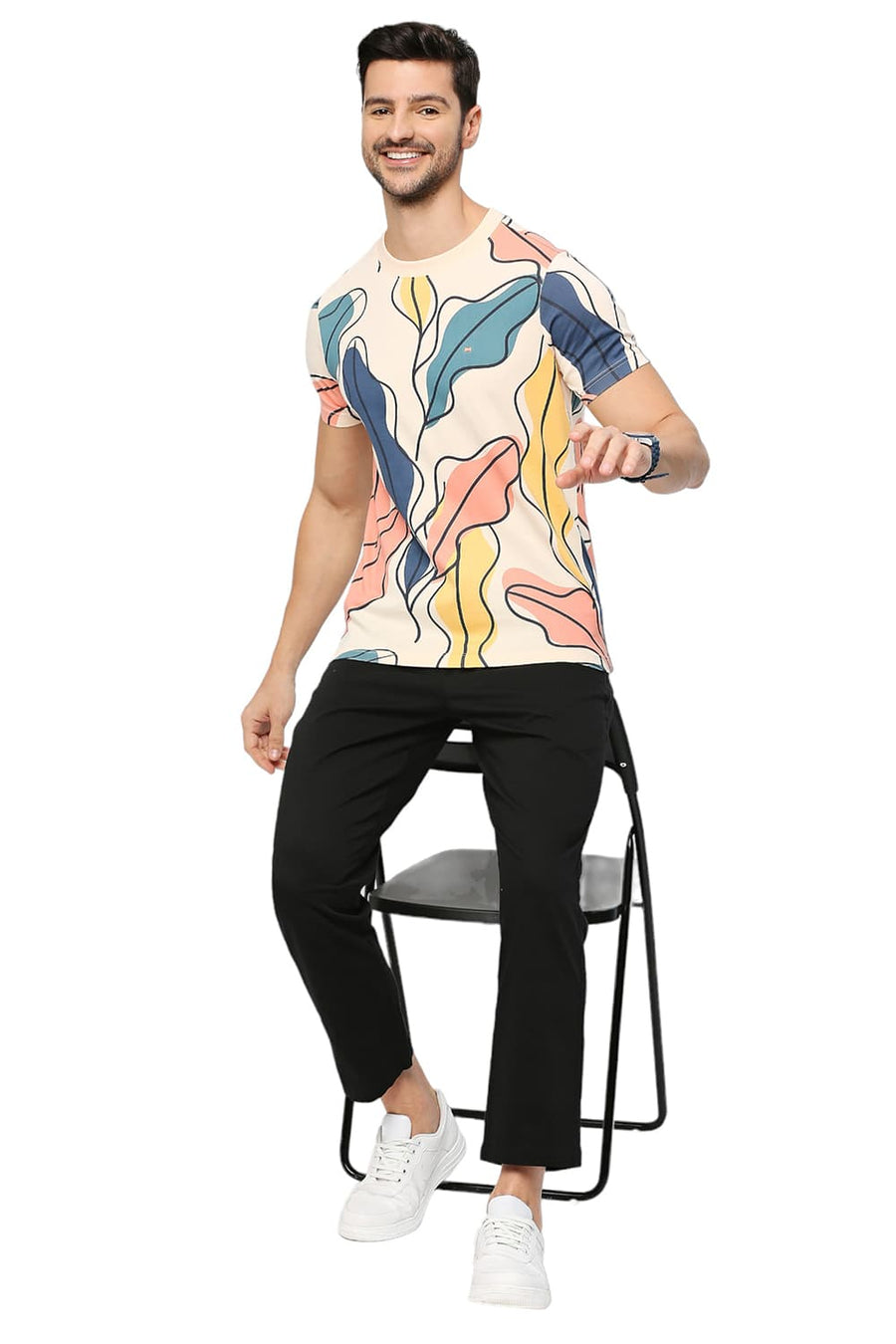 BASICS MUSCLE FIT VANILLA CREAM COTTON PRINTED CREW T-SHIRTS