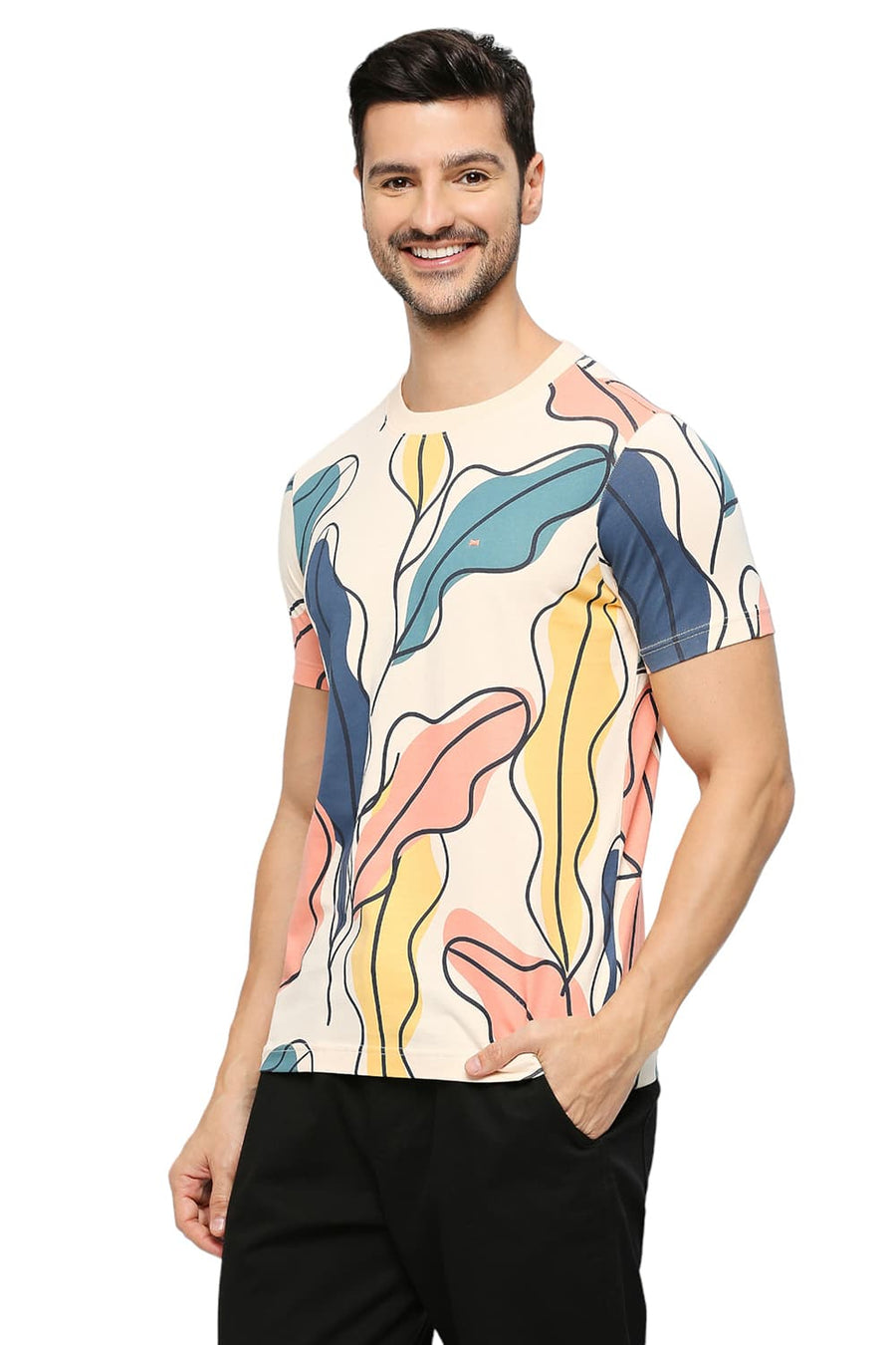 BASICS MUSCLE FIT VANILLA CREAM COTTON PRINTED CREW T-SHIRTS