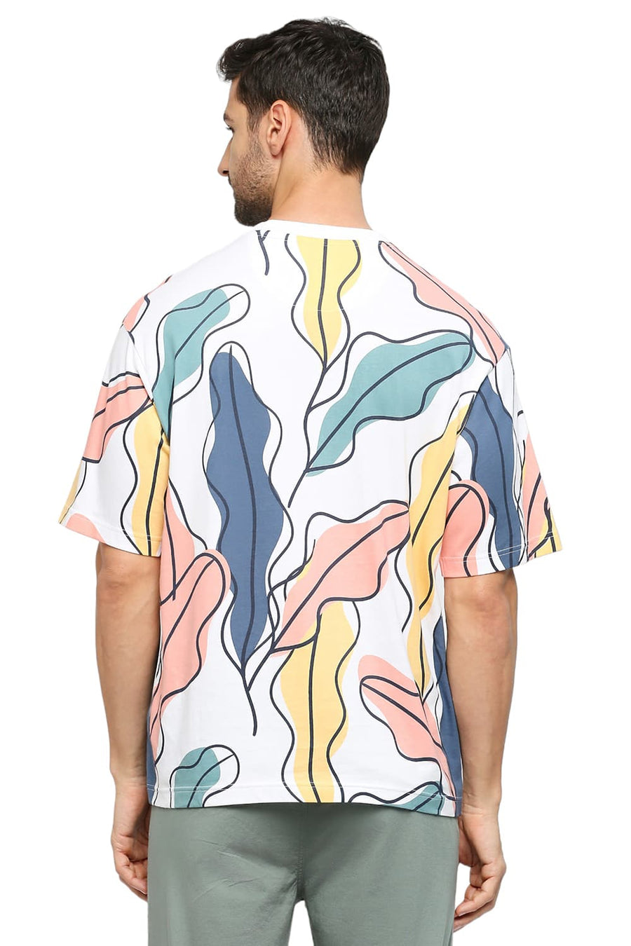 BASICS RELAXED FIT BRIGHT WHITE COTTON PRINTED CREW T-SHIRTS