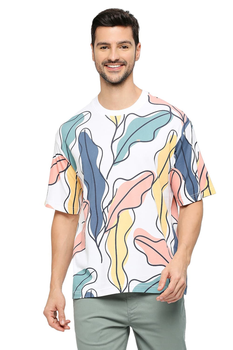 BASICS RELAXED FIT BRIGHT WHITE COTTON PRINTED CREW T-SHIRTS
