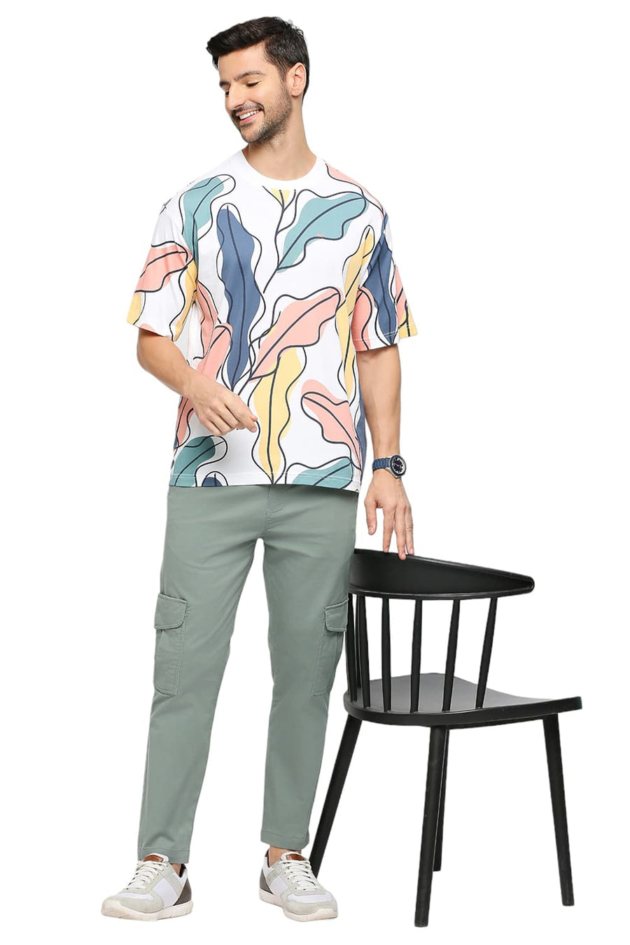 BASICS RELAXED FIT BRIGHT WHITE COTTON PRINTED CREW T-SHIRTS
