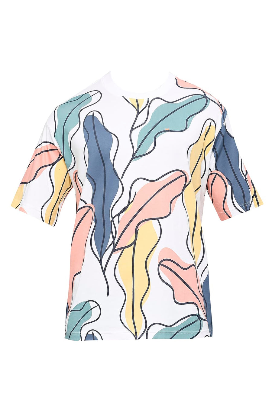 BASICS RELAXED FIT BRIGHT WHITE COTTON PRINTED CREW T-SHIRTS