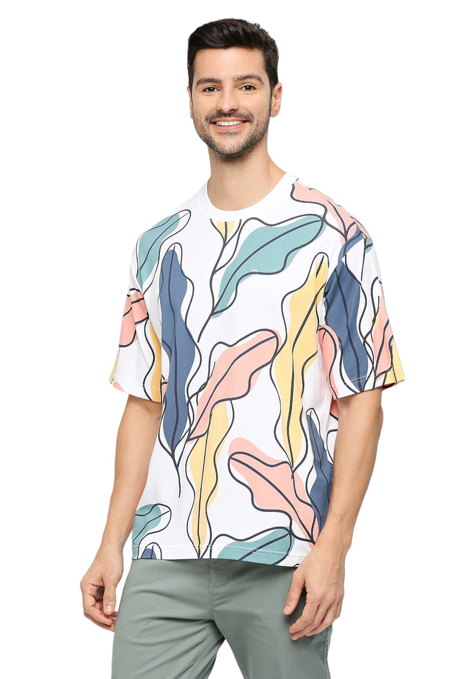 BASICS RELAXED FIT BRIGHT WHITE COTTON PRINTED CREW T-SHIRTS