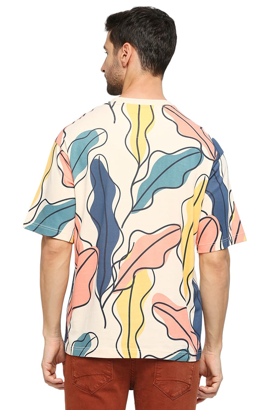 BASICS RELAXED FIT VANILLA CREAM COTTON PRINTED CREW T-SHIRTS