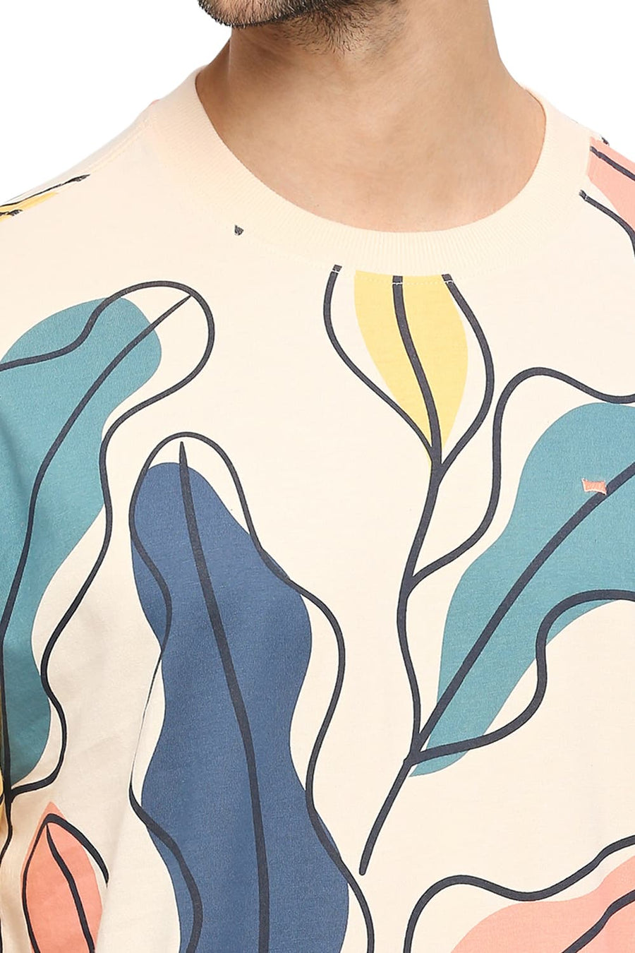 BASICS RELAXED FIT VANILLA CREAM COTTON PRINTED CREW T-SHIRTS