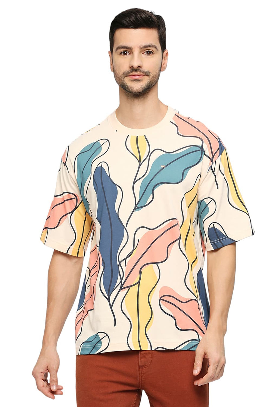 BASICS RELAXED FIT VANILLA CREAM COTTON PRINTED CREW T-SHIRTS