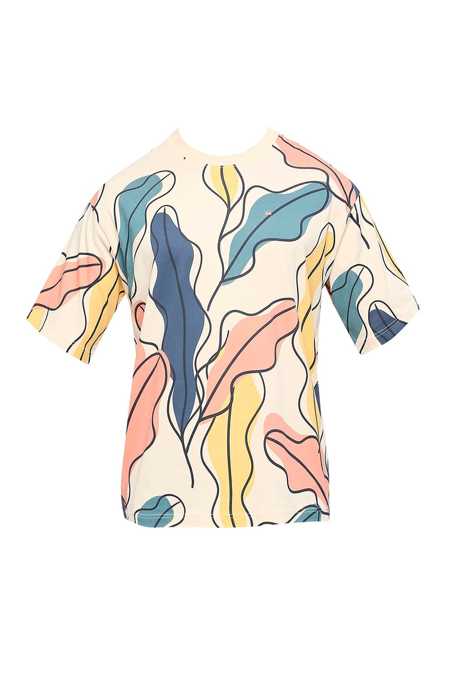 BASICS RELAXED FIT VANILLA CREAM COTTON PRINTED CREW T-SHIRTS