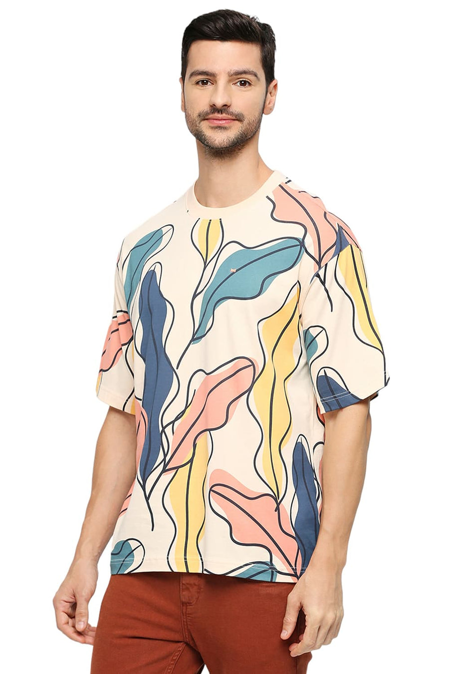 BASICS RELAXED FIT VANILLA CREAM COTTON PRINTED CREW T-SHIRTS