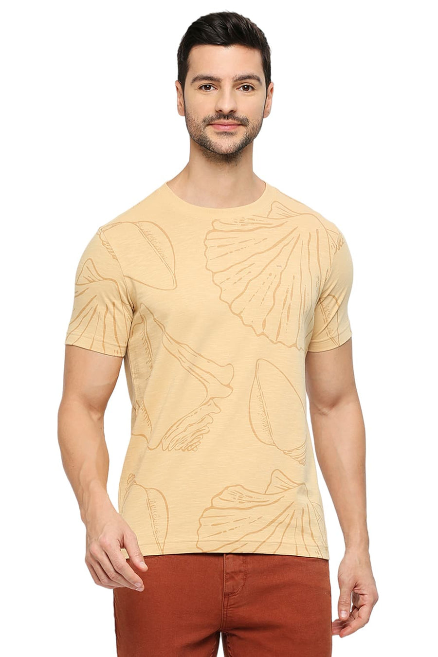 BASICS MUSCLE FIT SAND COTTON PRINTED CREW T-SHIRTS