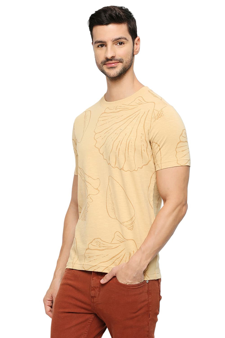BASICS MUSCLE FIT SAND COTTON PRINTED CREW T-SHIRTS