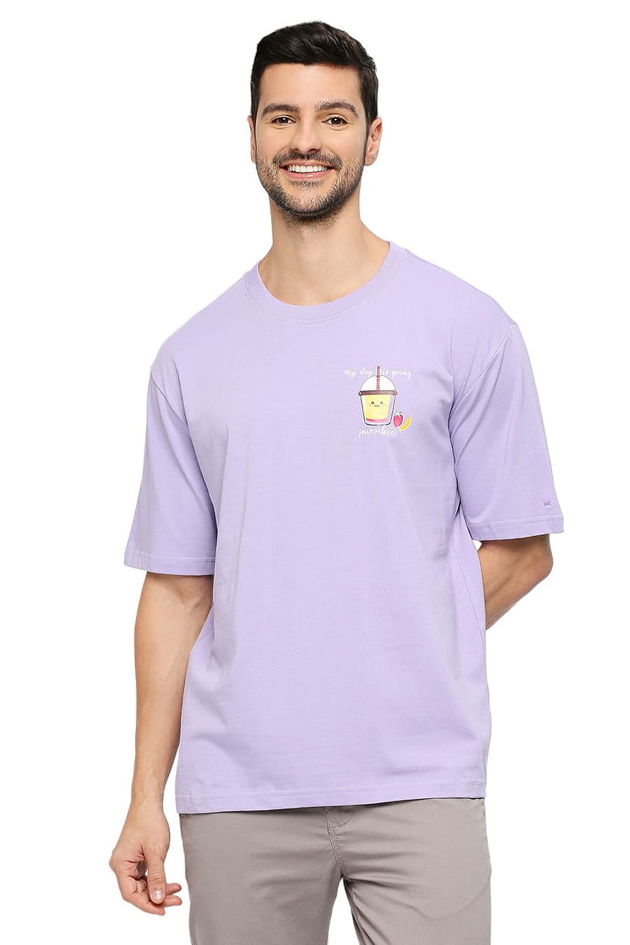 BASICS RELAXED FIT PLUSH LAVENDER COTTON SOLID CREW T-SHIRTS