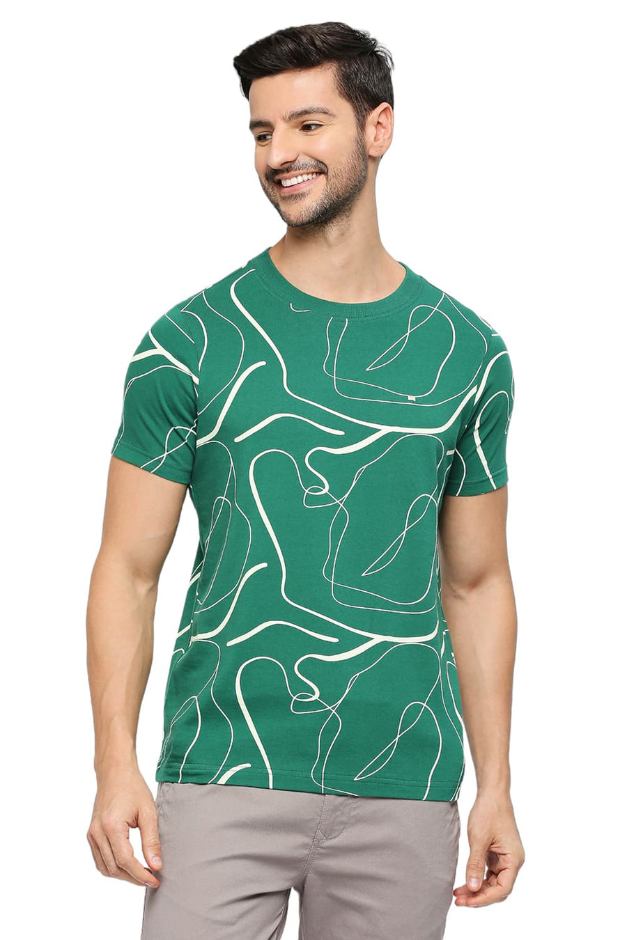 BASICS MUSCLE FIT VERDANT GREEN COTTON PRINTED CREW T-SHIRTS