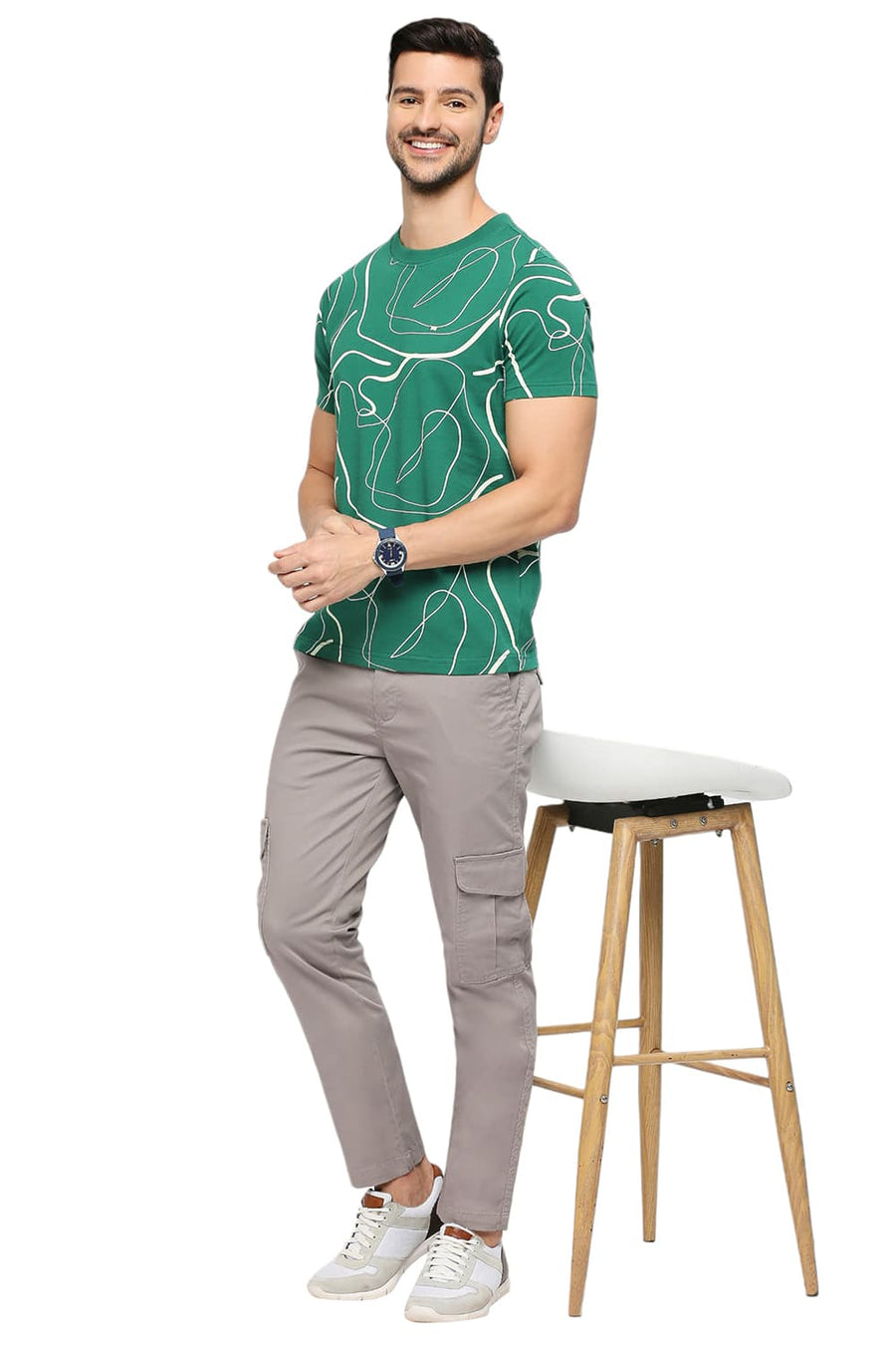 BASICS MUSCLE FIT VERDANT GREEN COTTON PRINTED CREW T-SHIRTS