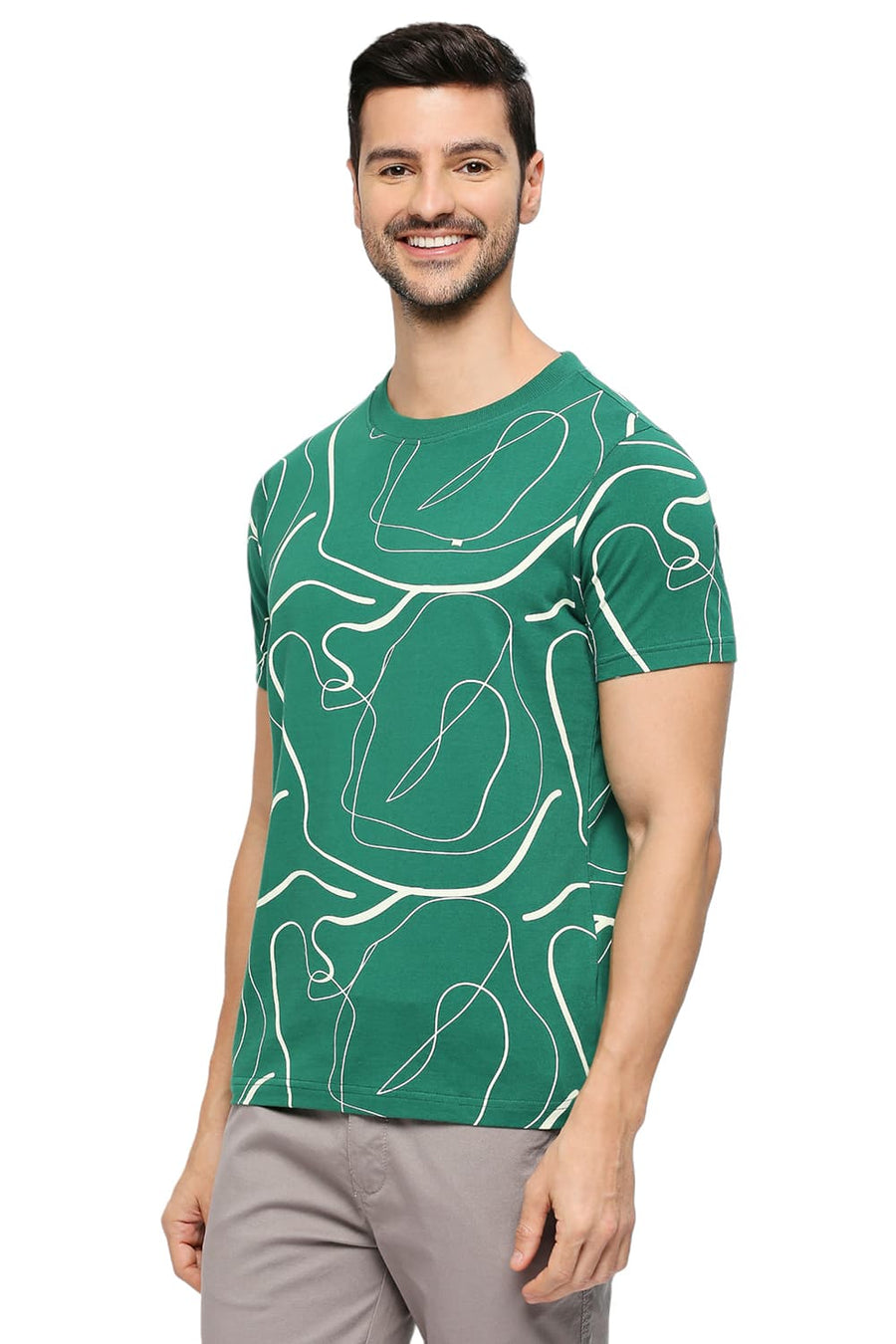 BASICS MUSCLE FIT VERDANT GREEN COTTON PRINTED CREW T-SHIRTS
