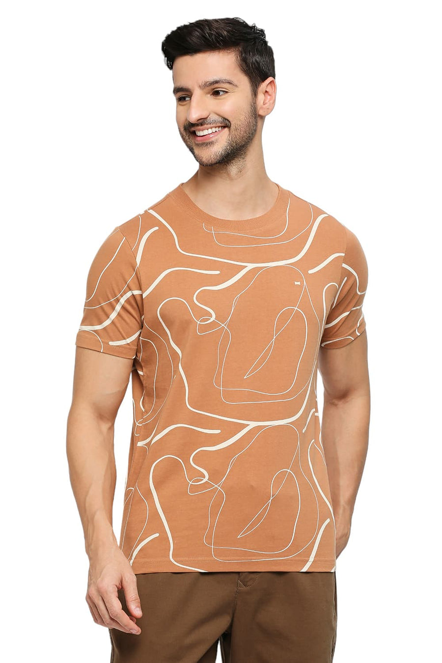 BASICS MUSCLE FIT CAMEL COTTON PRINTED CREW T-SHIRTS