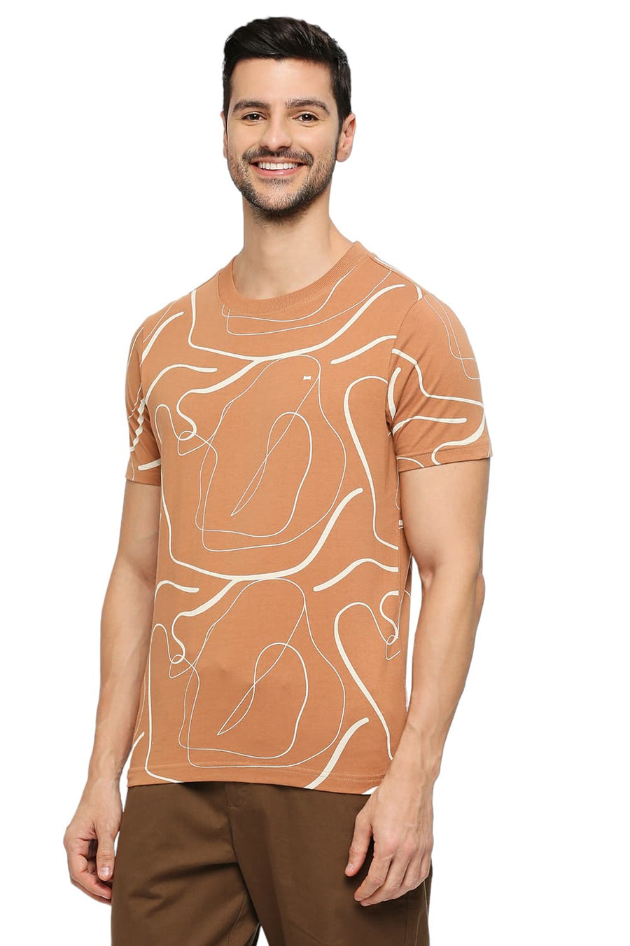 BASICS MUSCLE FIT CAMEL COTTON PRINTED CREW T-SHIRTS