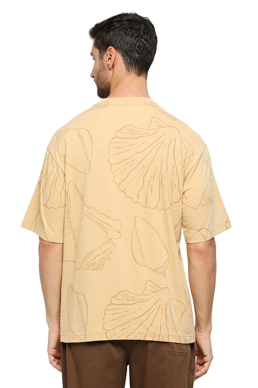 BASICS RELAXED FIT SAND COTTON PRINTED CREW T-SHIRTS