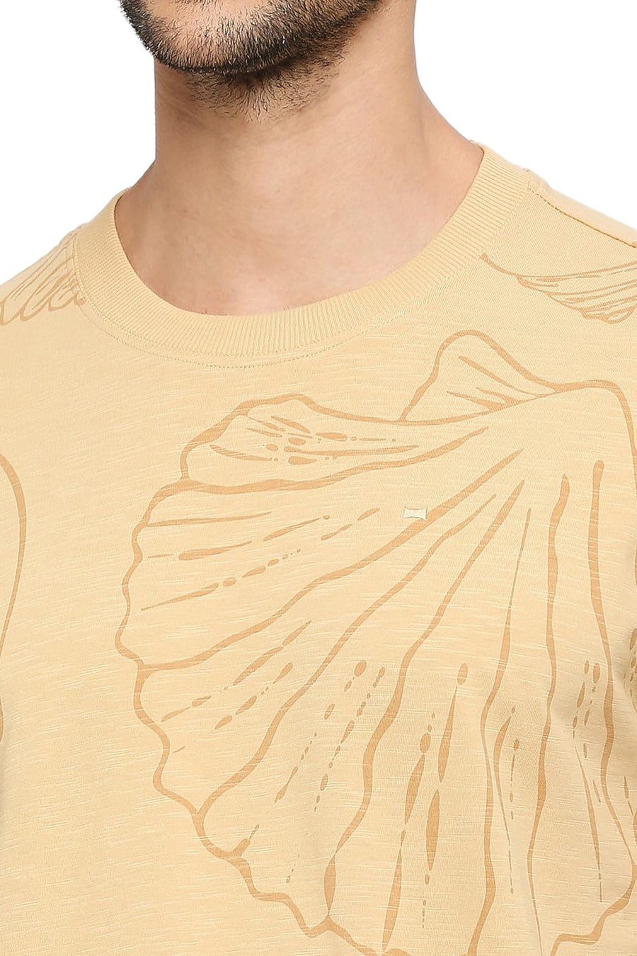 BASICS RELAXED FIT SAND COTTON PRINTED CREW T-SHIRTS